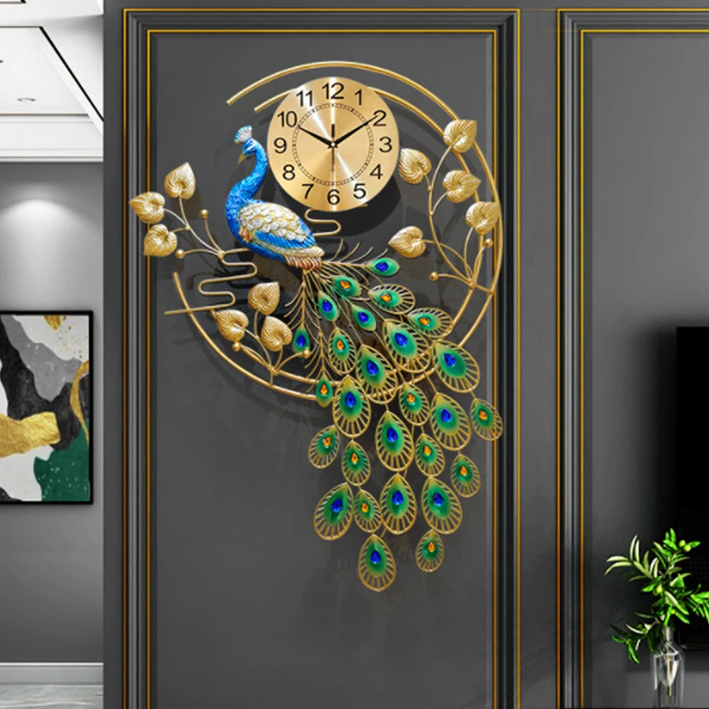Peacock Art Wall Clock Silent Metal Timepiece For Home Decor