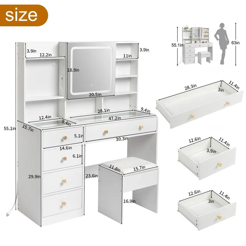 Makeup Vanity Desk With Lighted Mirror And Charging Station