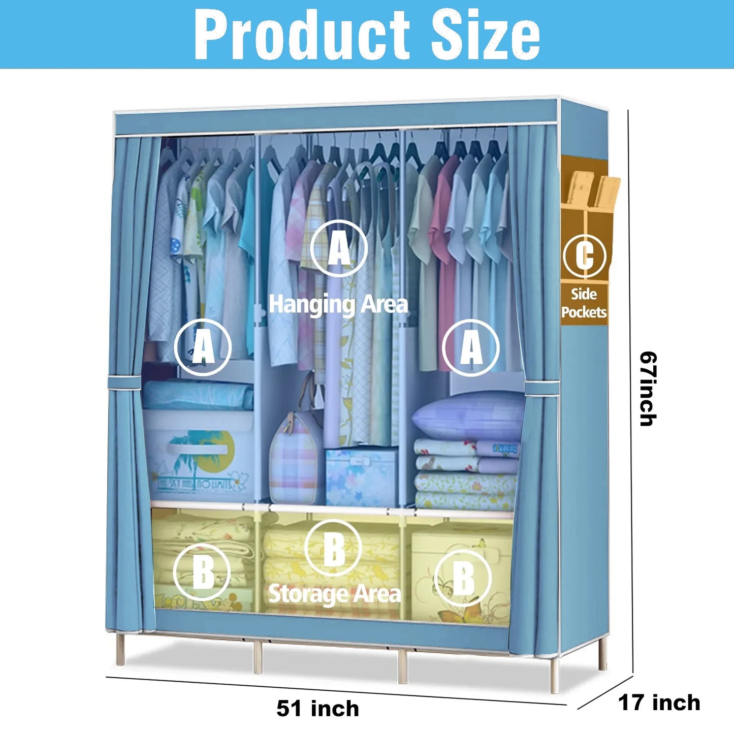 Portable Closet Wardrobe With Metal Frame And Nonwoven Cover
