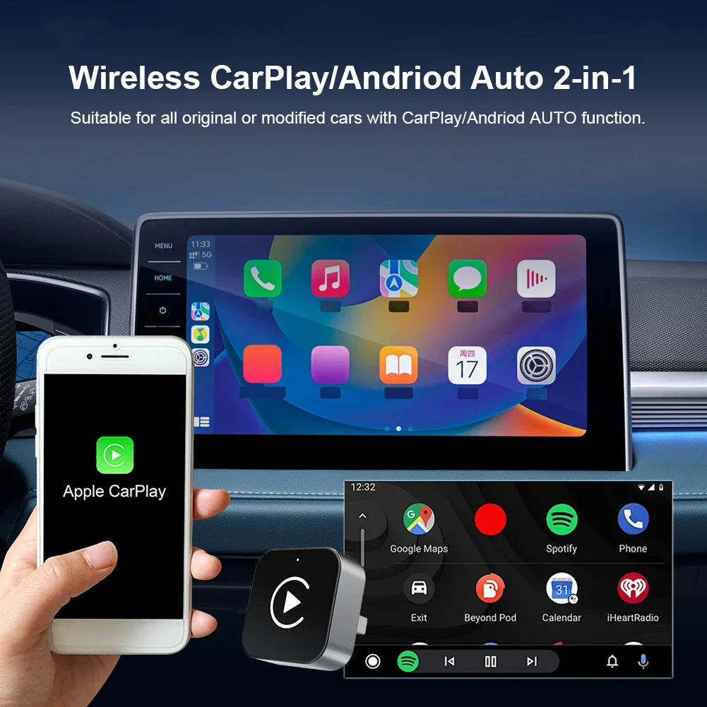Mojoyce 2-in-1 Wireless CarPlay Android Auto Adapter Plug and Play