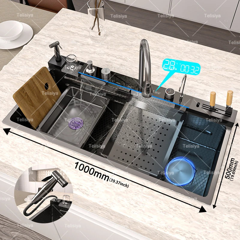 Telisiya Waterfall Kitchen Sink Stainless Steel With Digital Display