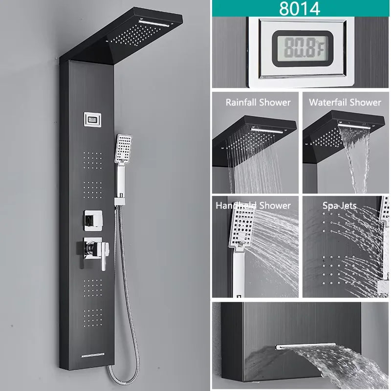 Brushed Stainless Steel Waterfall Shower Panel 5 Function With Massage