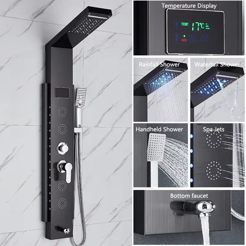 Brushed Stainless Steel Waterfall Shower Panel 5 Function With Massage