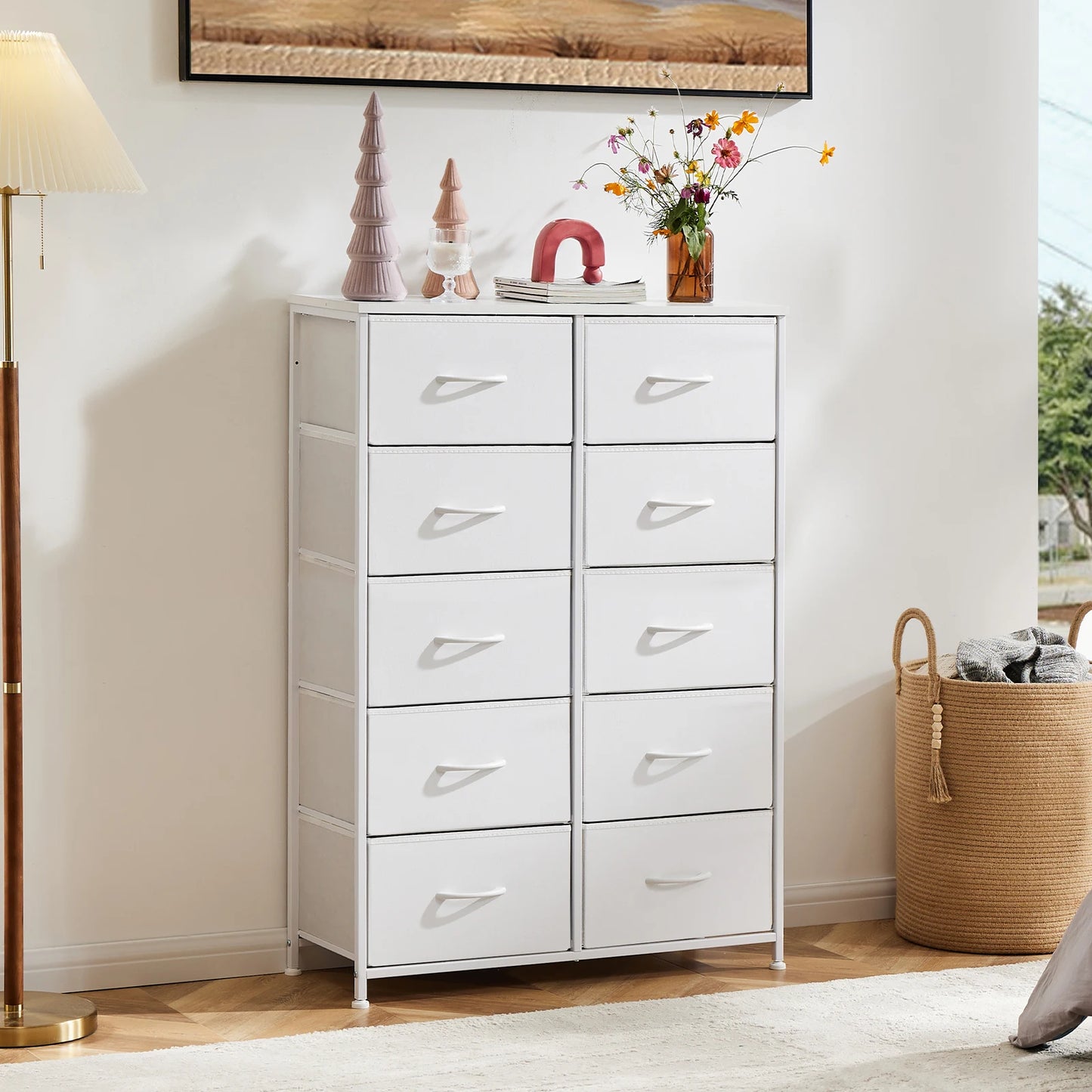 JHK Modern Nightstand With 10 Fabric Drawers And Steel Frame