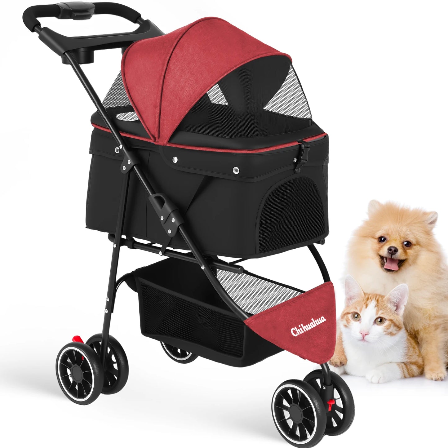 Chihuahua Pet Stroller 3 Wheel Foldable With Breathable Mesh Canopy Cats Dogs