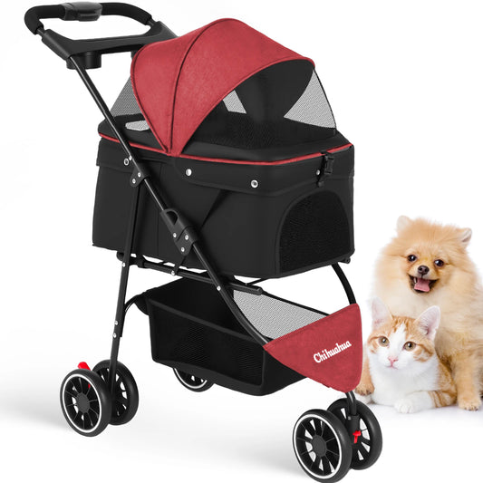 Chihuahua Pet Stroller 3 Wheel Foldable With Breathable Mesh Canopy Cats Dogs