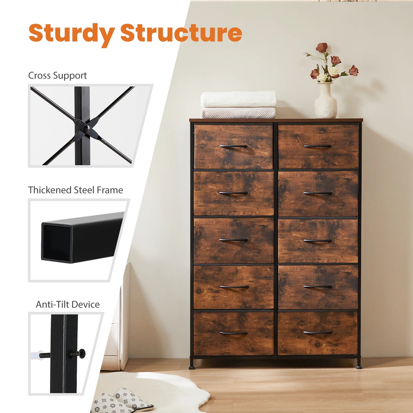 JHK Bedside Table Wardrobe With Steel Frame And Fabric Drawers