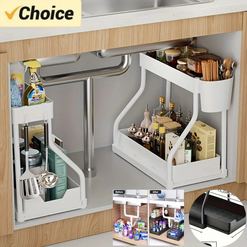 Space Saving 2 Tier Under Sink Organizer Pull Out Drawer
