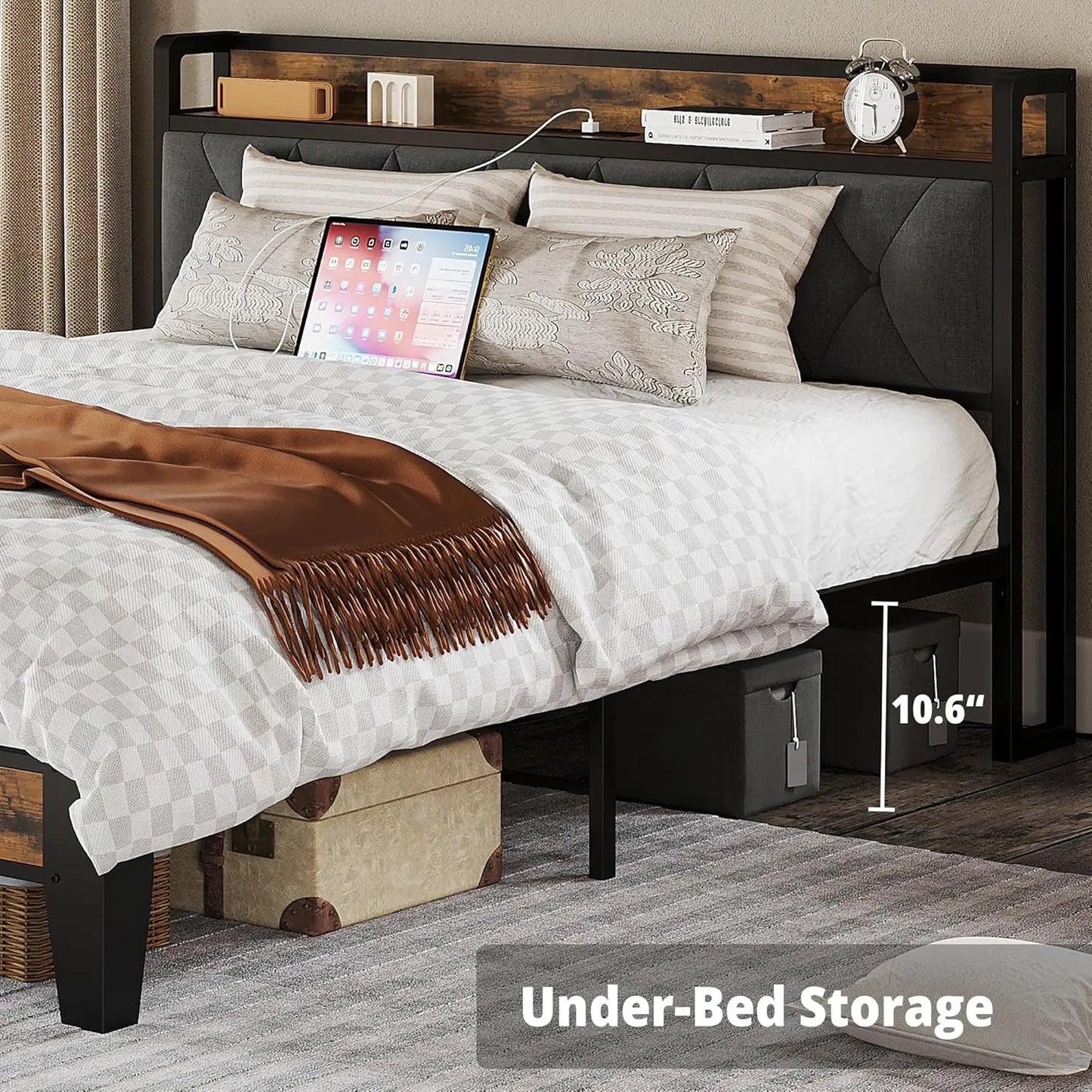 Storage Headboard Bed Frame With Outlets No Box Springs