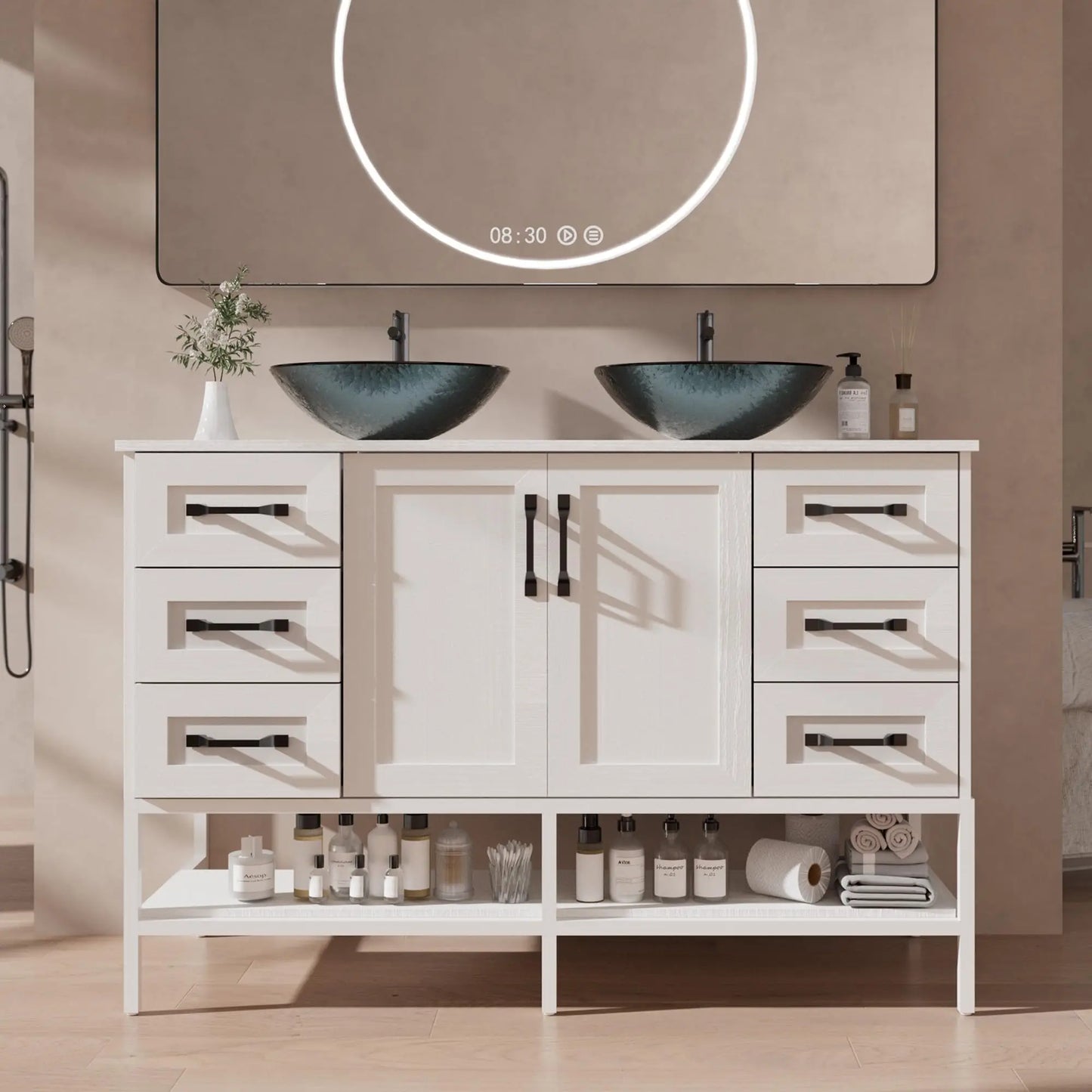Double Sink Bathroom Vanity With Open Shelves And Six Drawers