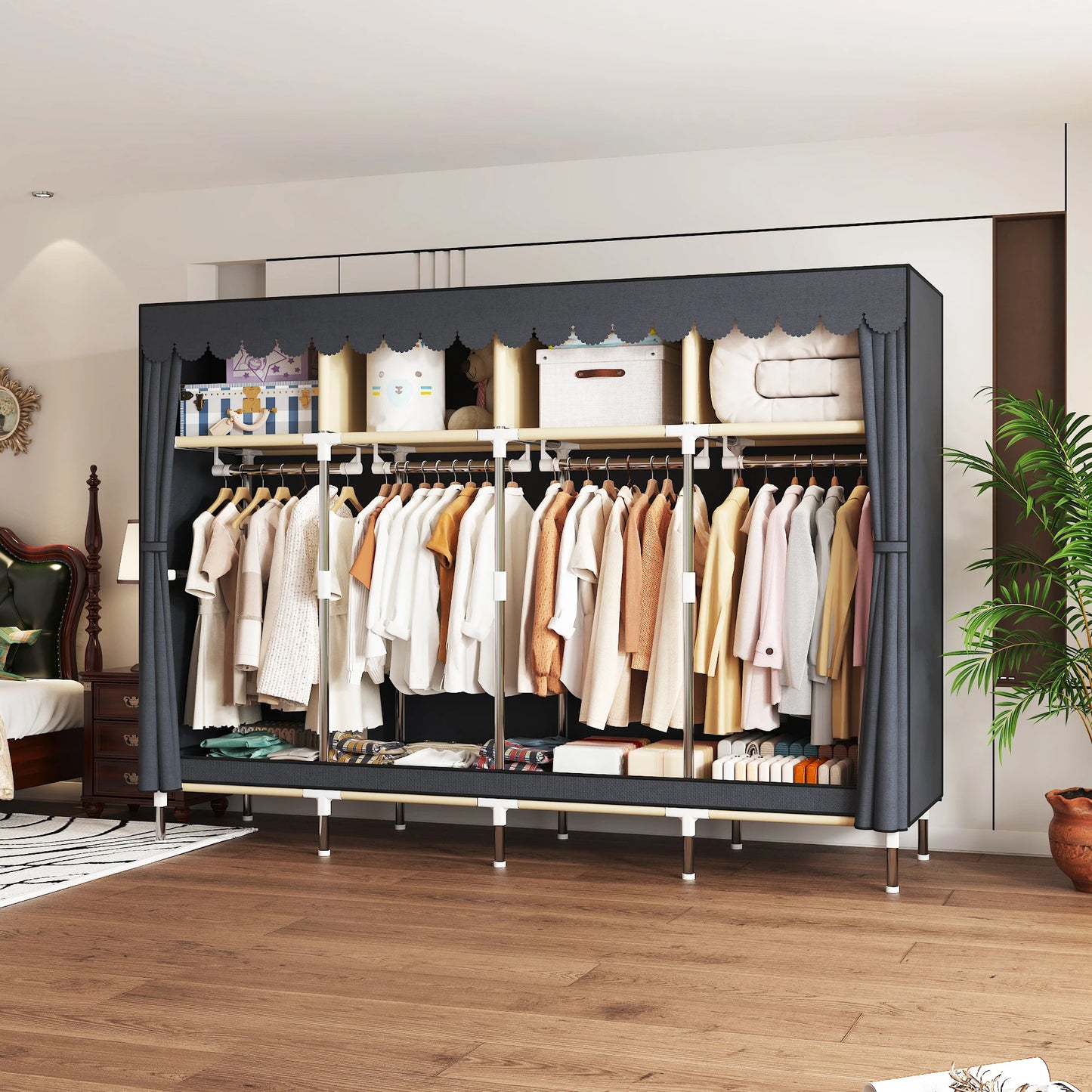 ArluKin Heavy Duty Fabric Wardrobe With Four Hanging Rods
