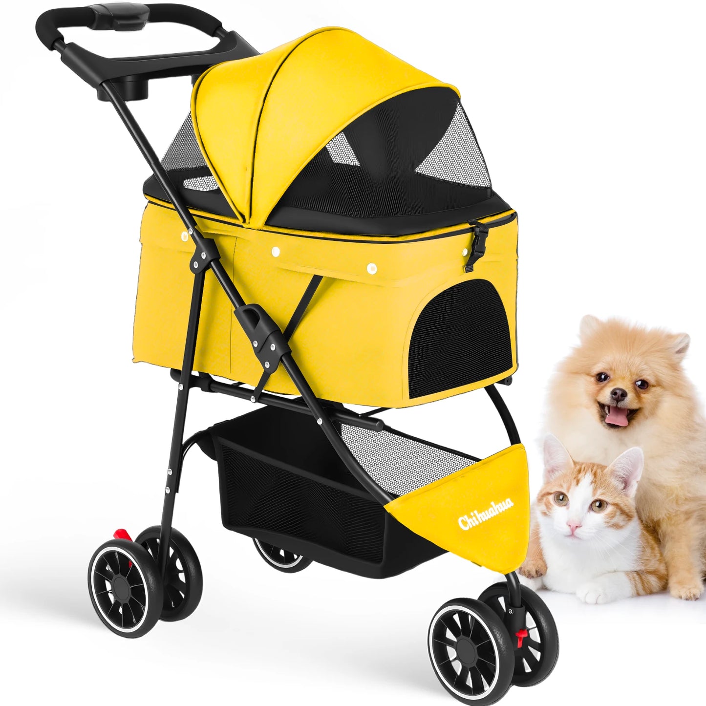 Chihuahua Pet Stroller 3 Wheel Foldable With Breathable Mesh Canopy Cats Dogs