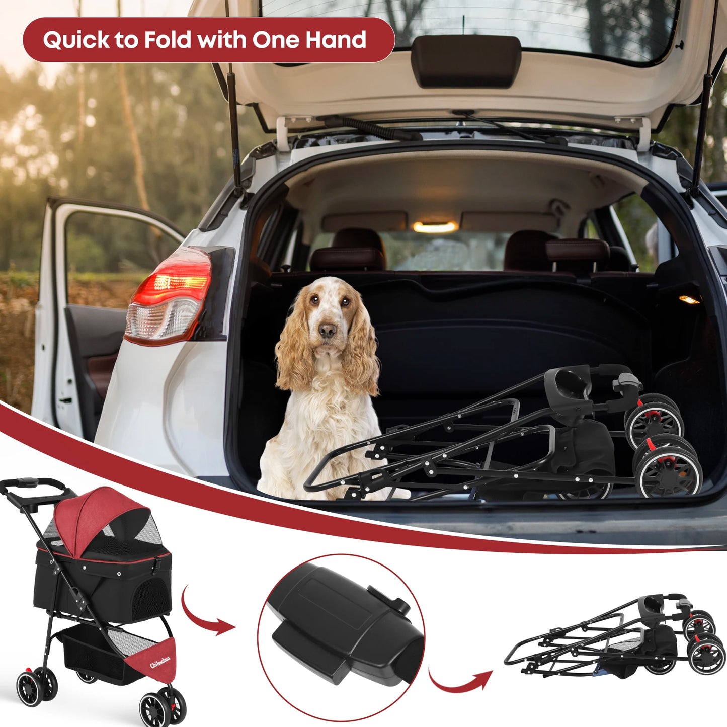 Chihuahua Pet Stroller 3 Wheel Foldable With Breathable Mesh Canopy Cats Dogs