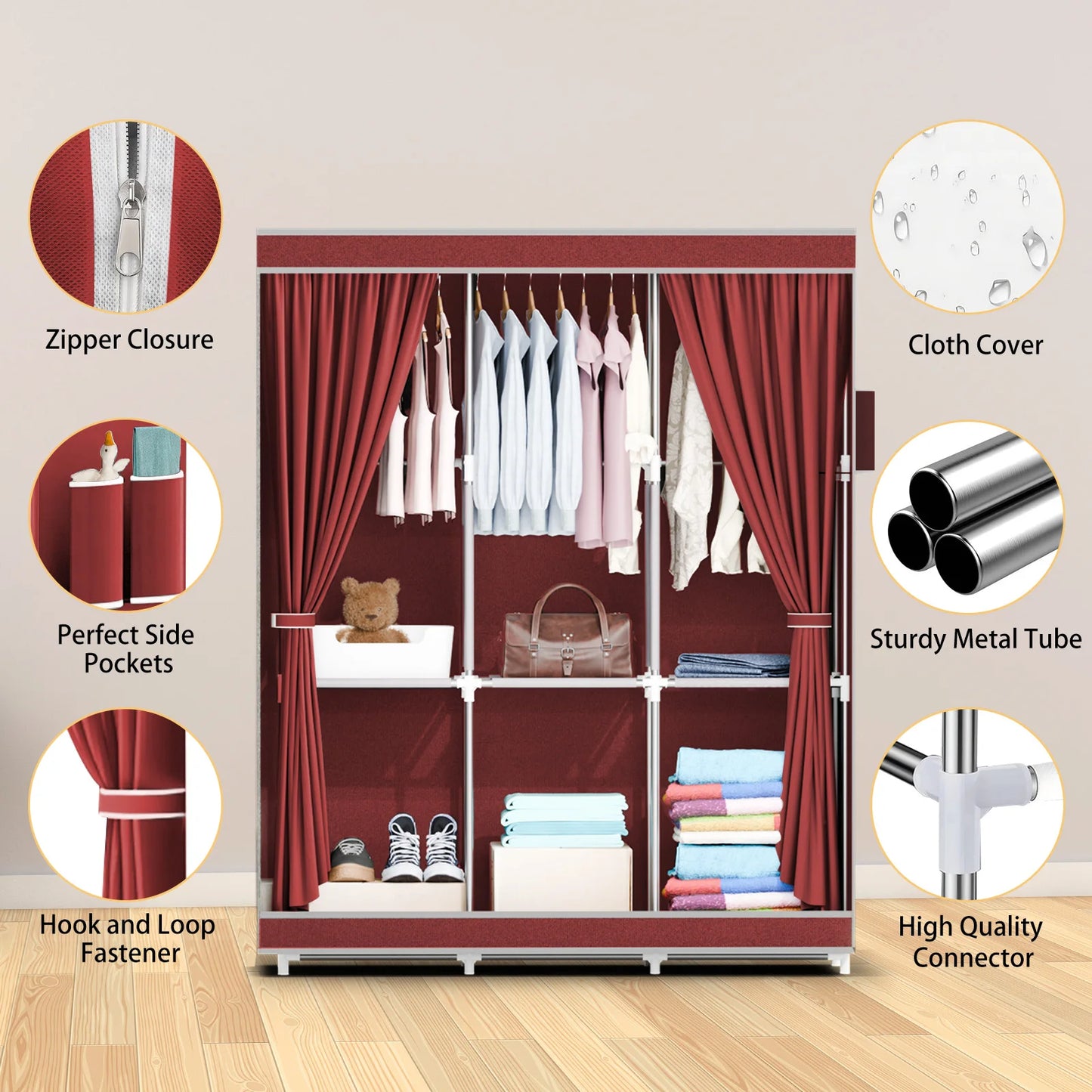 Portable Closet Wardrobe With Metal Frame And Nonwoven Cover