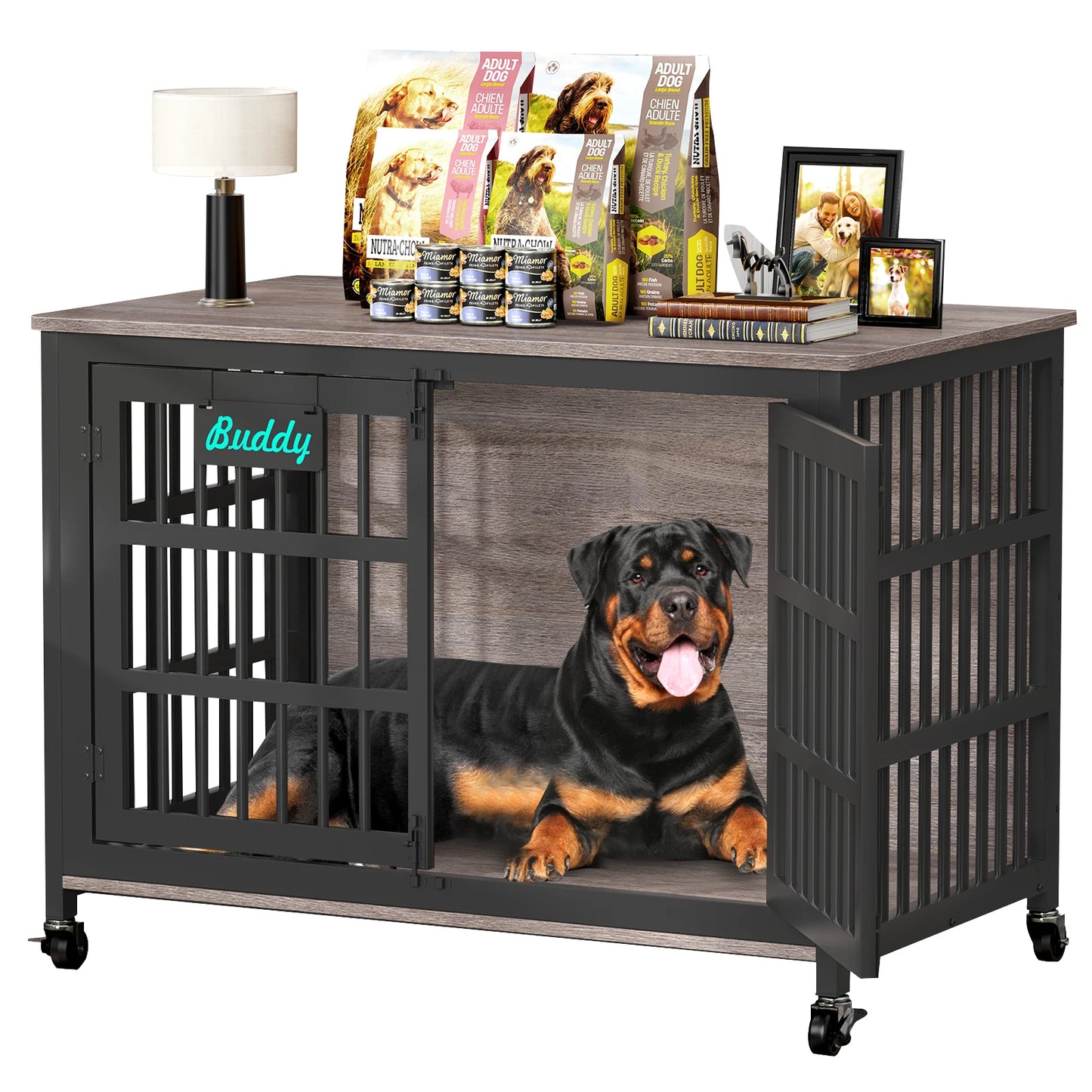 Dog Crate Furniture With Casters Indoor Kennel For Large Dogs