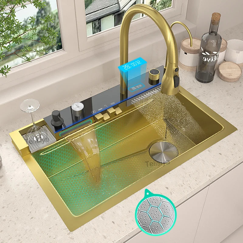 Telisiya Waterfall Kitchen Sink Stainless Steel With Digital Display