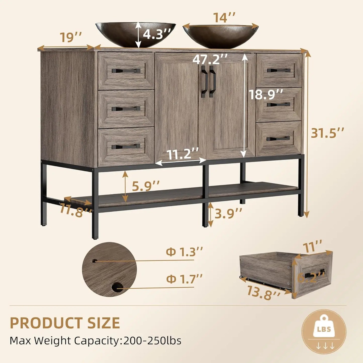 Double Sink Bathroom Vanity With Open Shelves And Six Drawers