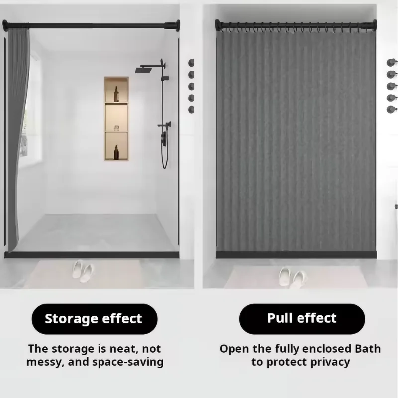 Foldable Magnetic Shower Curtain With 14 Hooks Polyester Privacy
