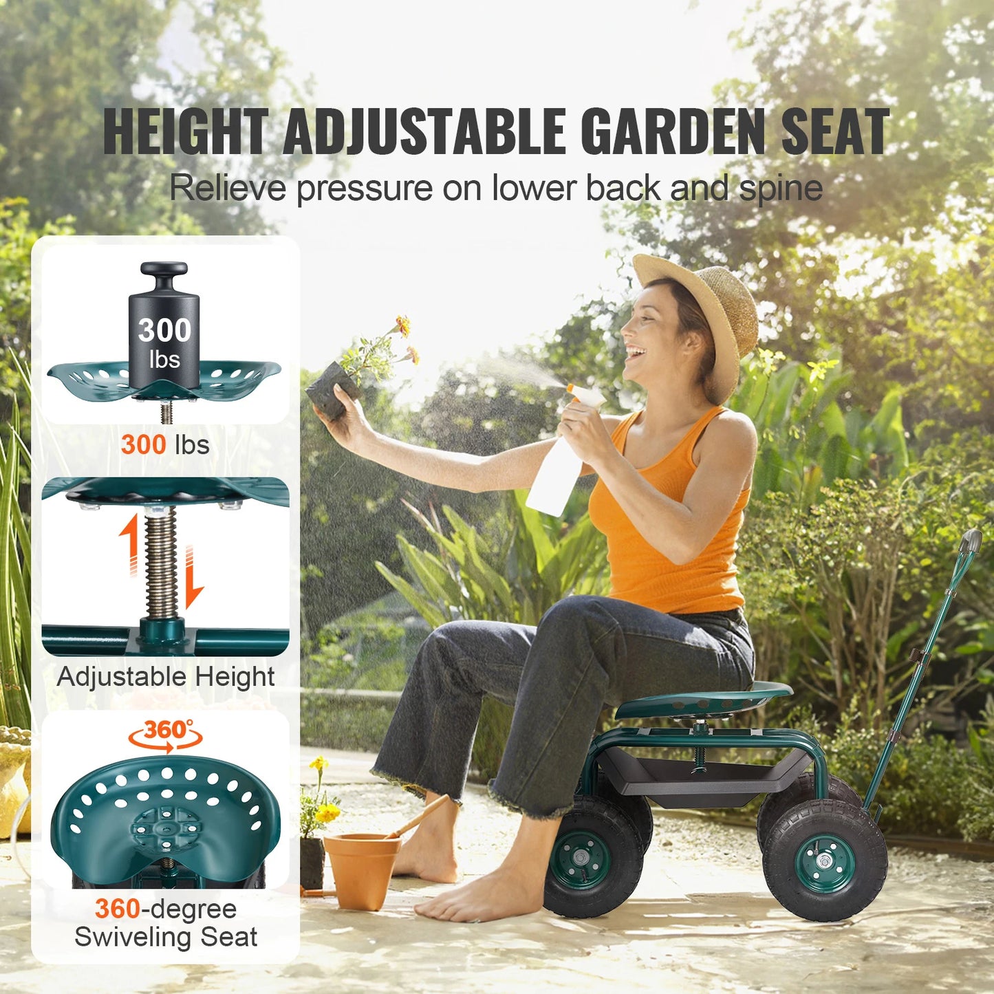 SucceBuy Rolling Garden Cart With Seat And 360 Degree Swivel