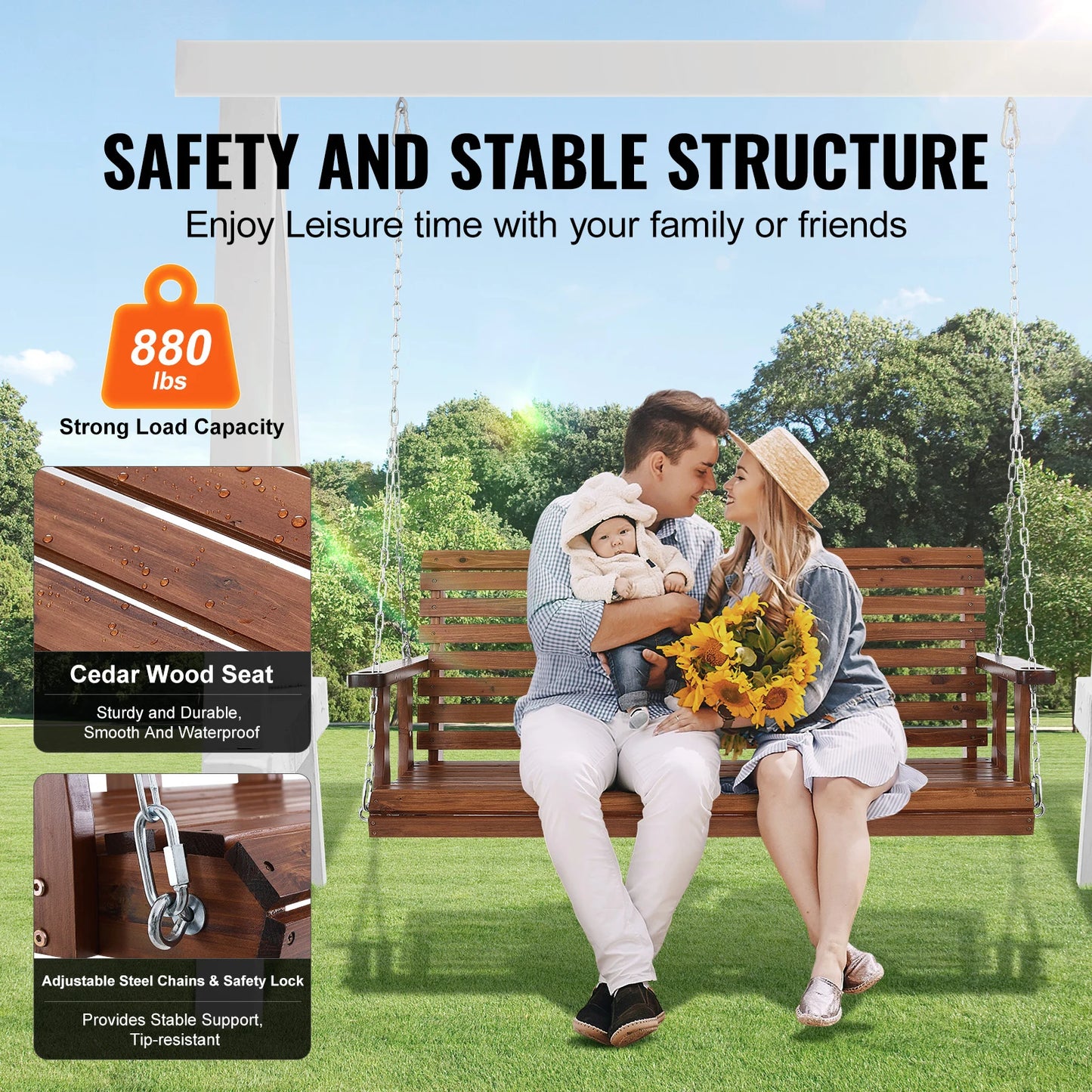 SucceBuy Wooden Porch Swing For Outdoor Patio Garden