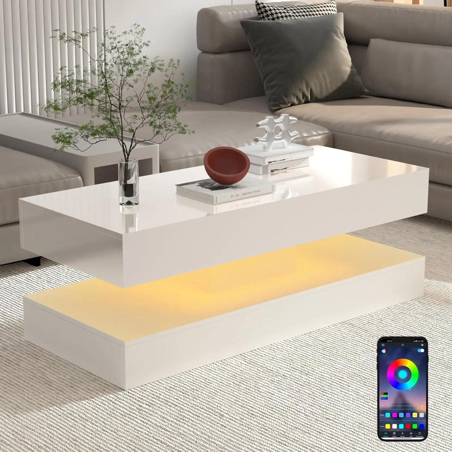 QiaoShiRen LED Coffee Table With Double Layer Storage Drawers
