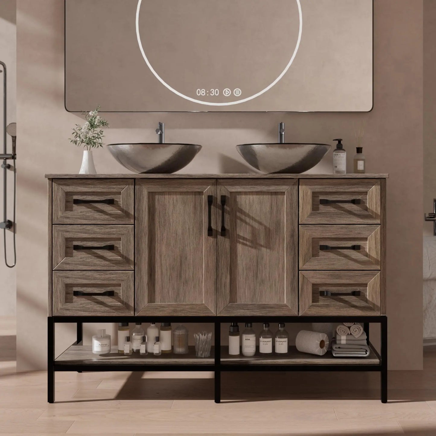 Double Sink Bathroom Vanity With Open Shelves And Six Drawers