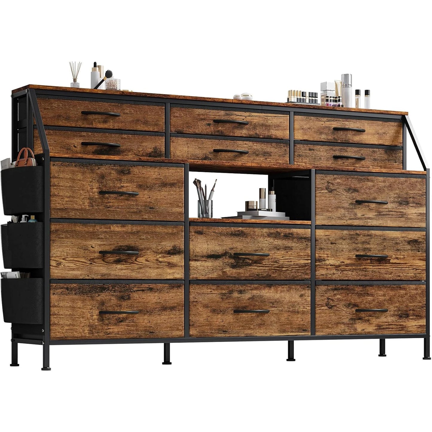TWISTER.CK 14 Drawer Dresser For Bedroom With Wooden Top And Metal Frame
