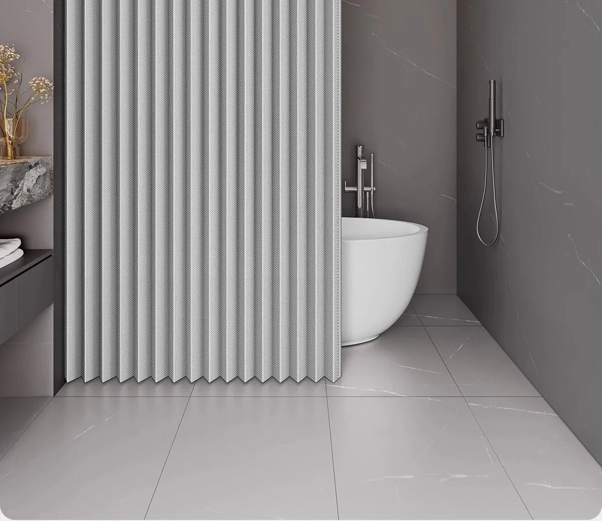 Foldable Magnetic Shower Curtain With 14 Hooks Polyester Privacy