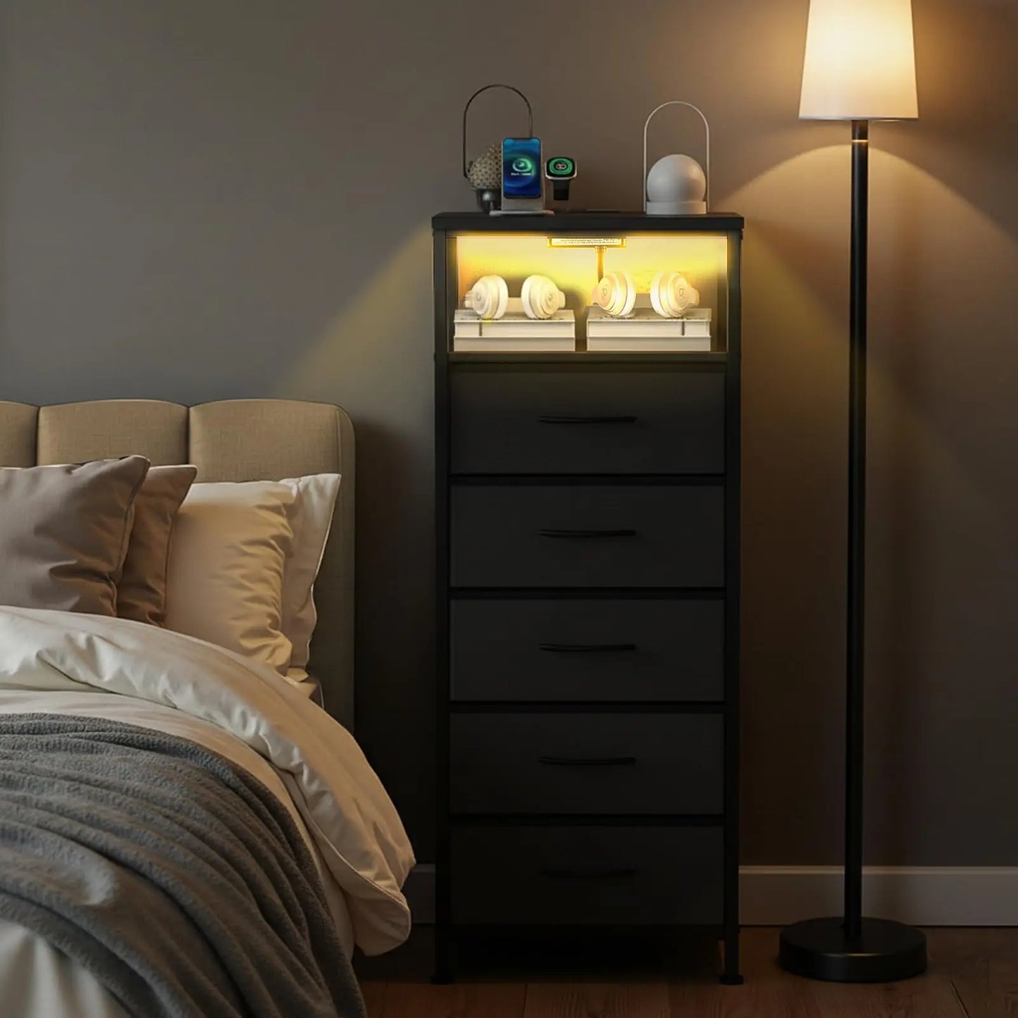 JHK Five-Drawer Dresser Nightstand With Charging Station Outlets And Light