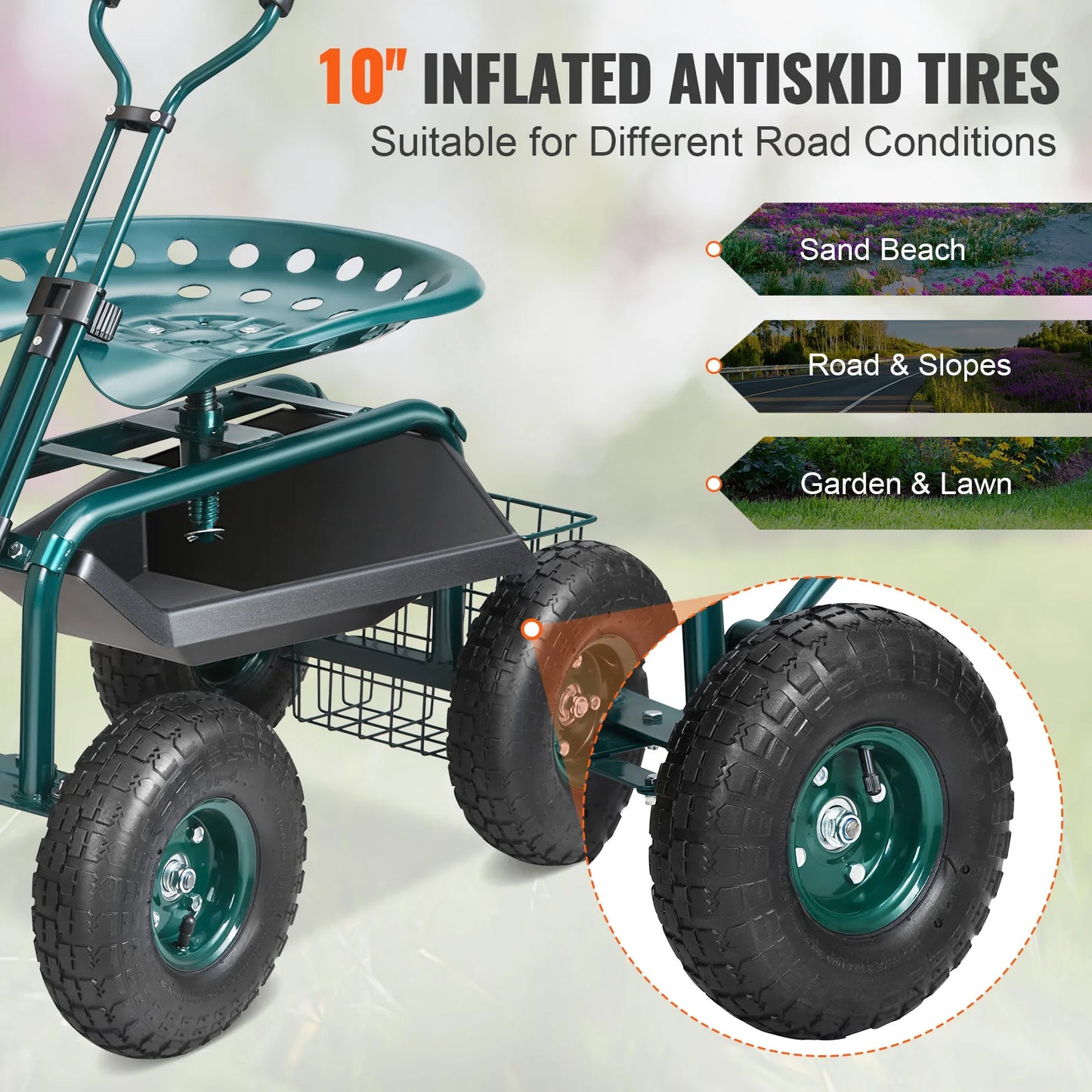 SucceBuy Rolling Garden Cart With Seat And 360 Degree Swivel