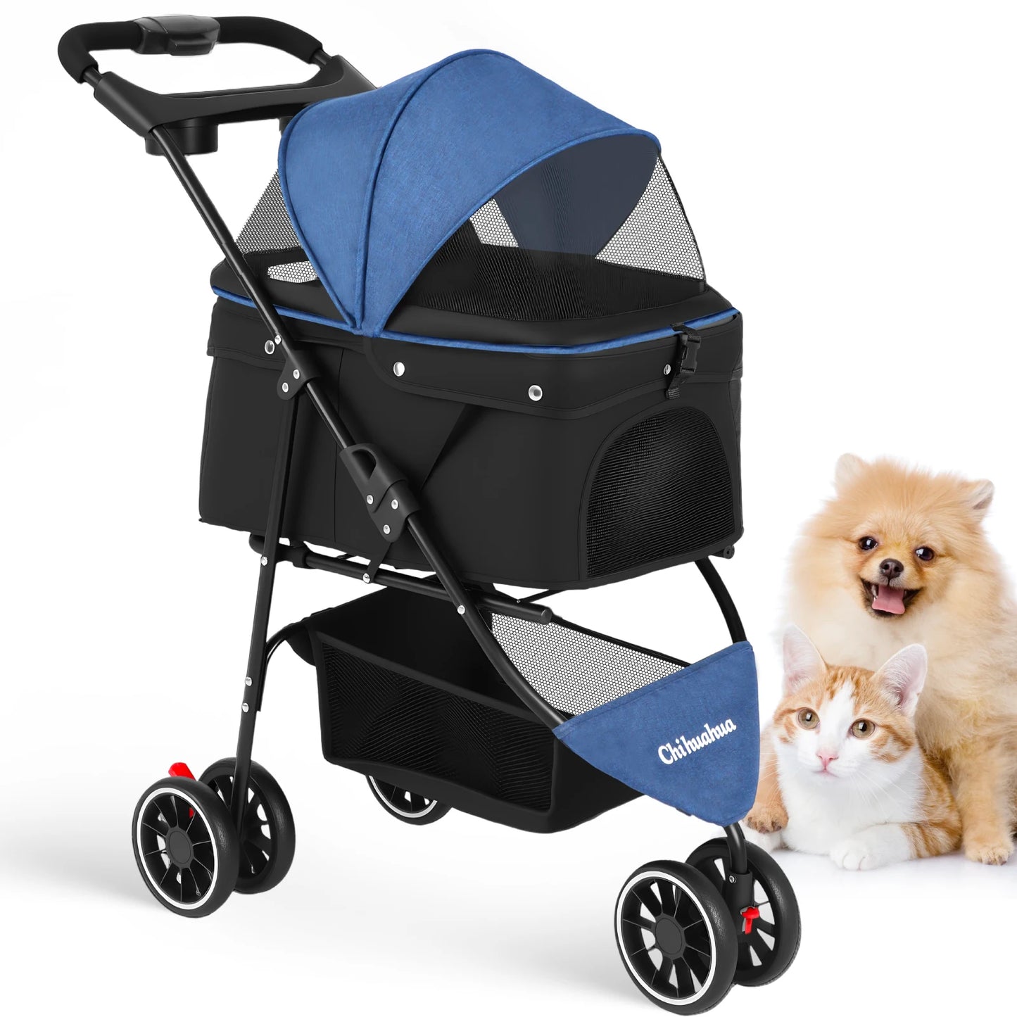 Chihuahua Pet Stroller 3 Wheel Foldable With Breathable Mesh Canopy Cats Dogs
