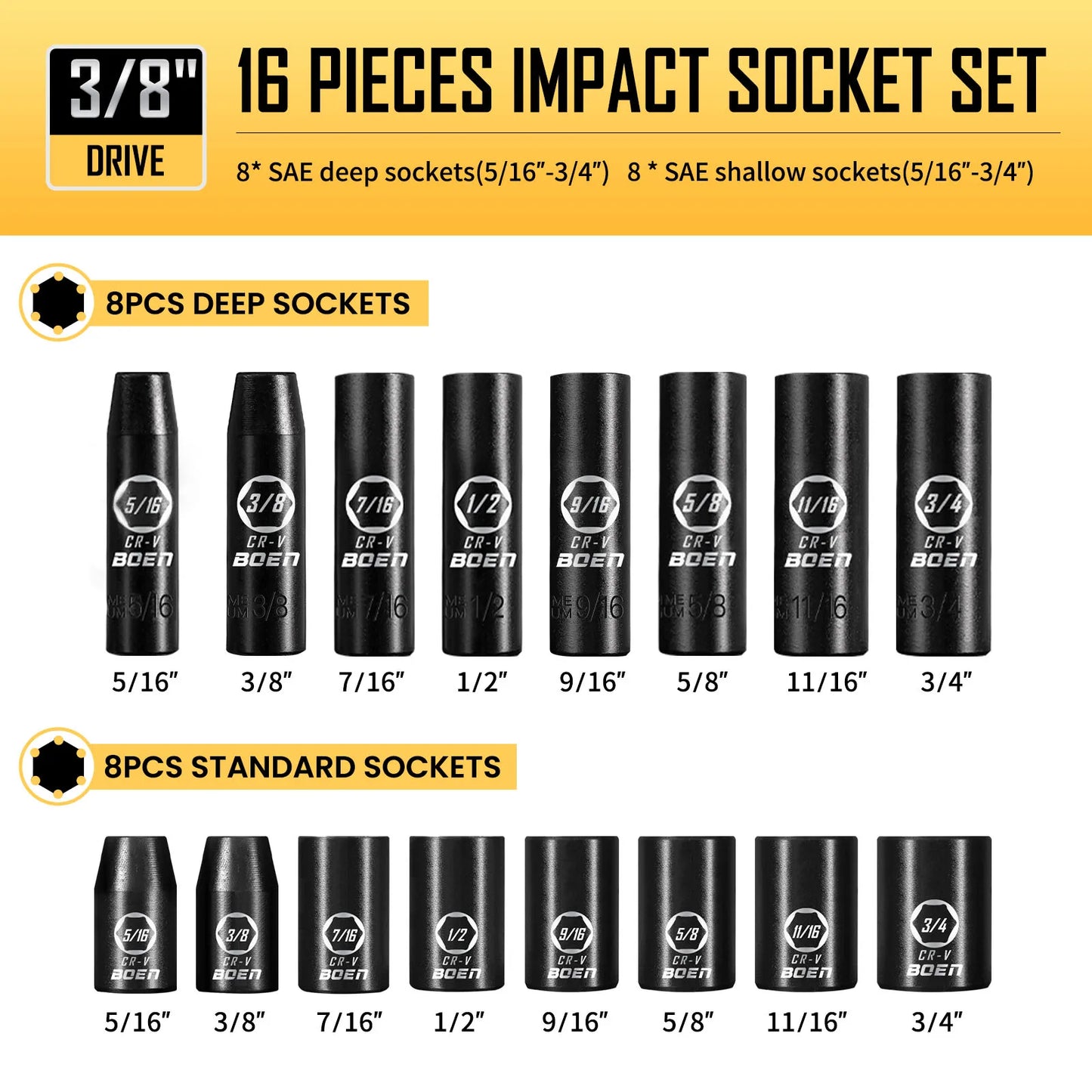 Three Eighth Drive Impact Socket Set 57 Pcs SAE Metric