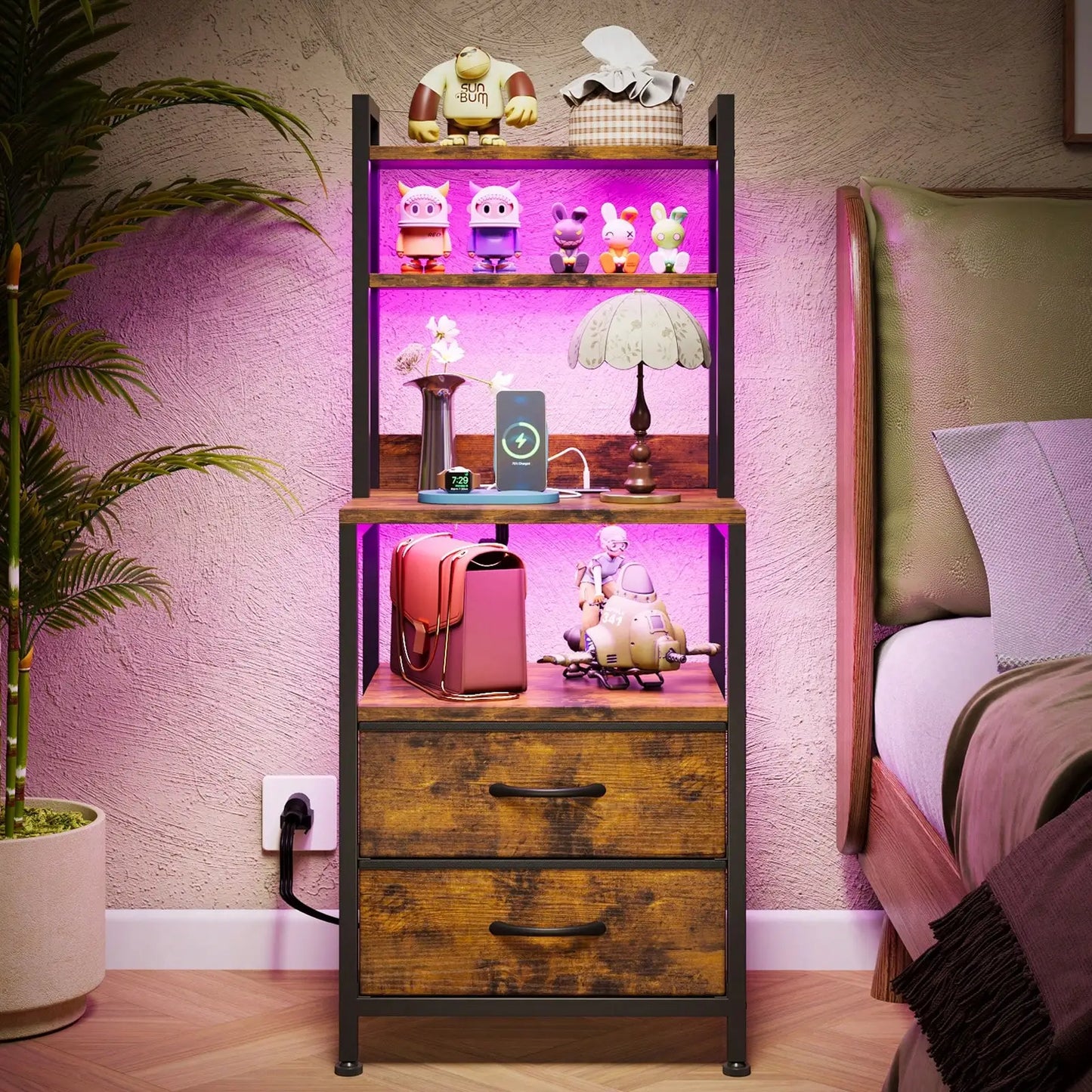 Tomnk Fabric Nightstand With Charging Station And Storage Drawers