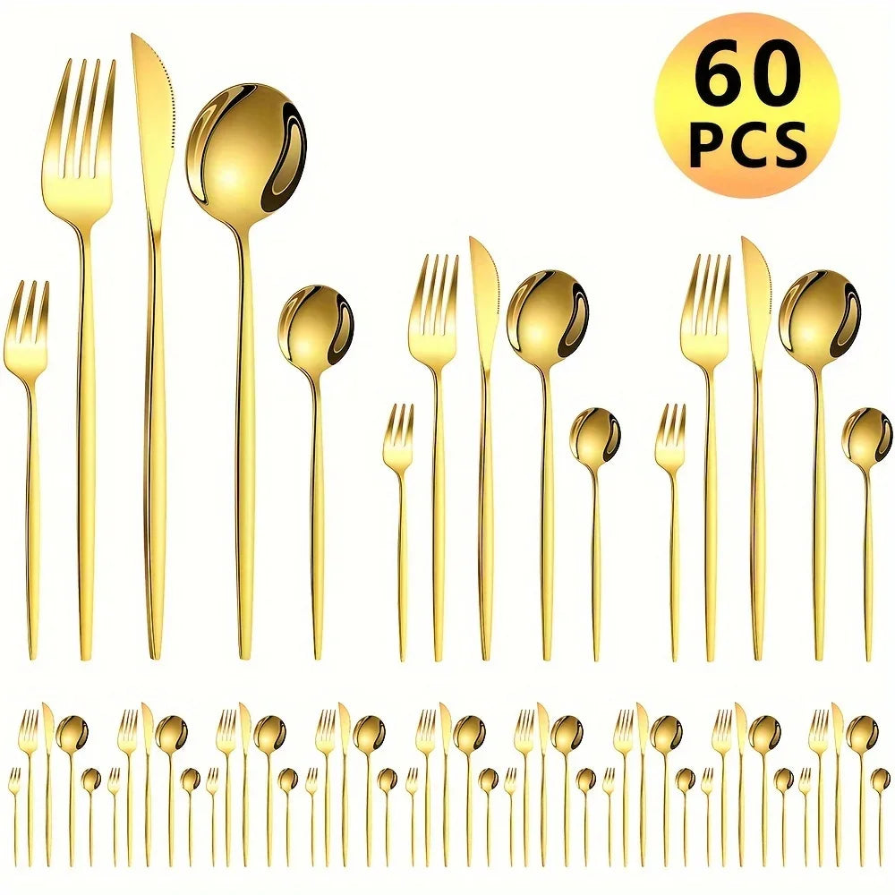Dinnerware Luxe Golden 60pc Stainless Steel Cutlery Set Dishwasher Safe