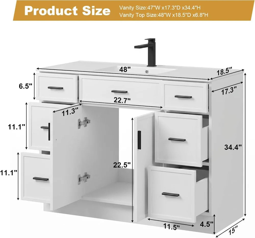 Farmhouse Vanity With Sink, 2 Soft-Close Doors And 6 Drawers