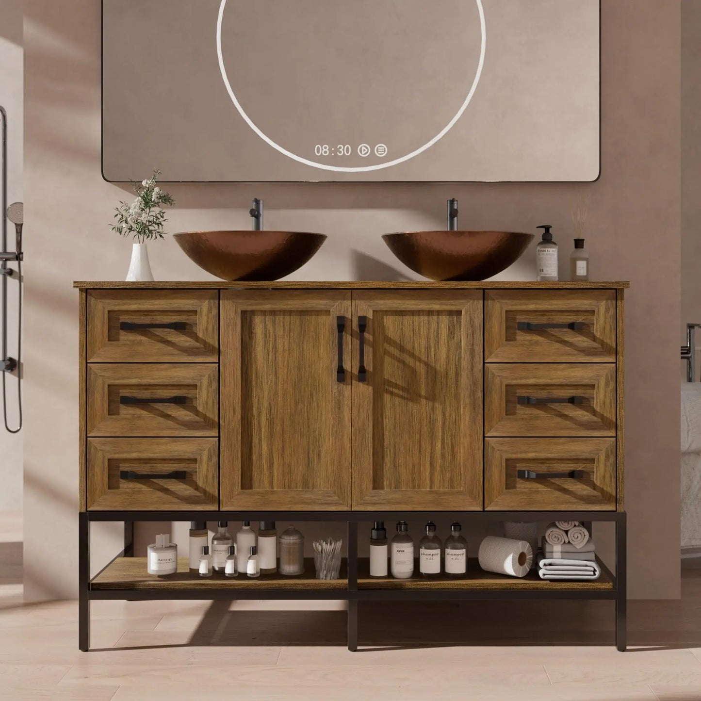 Double Sink Bathroom Vanity With Open Shelves And Six Drawers