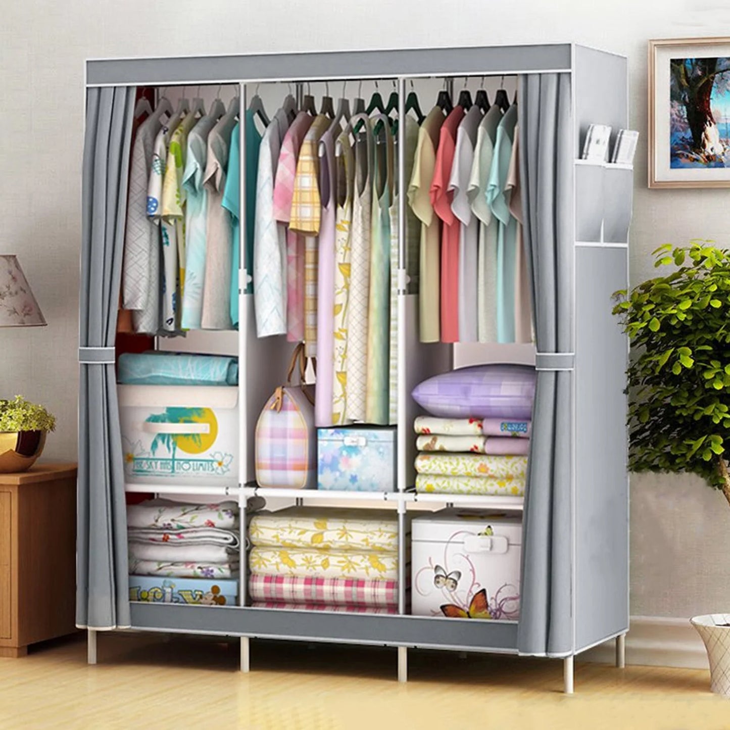 Portable Closet Wardrobe With Metal Frame And Nonwoven Cover