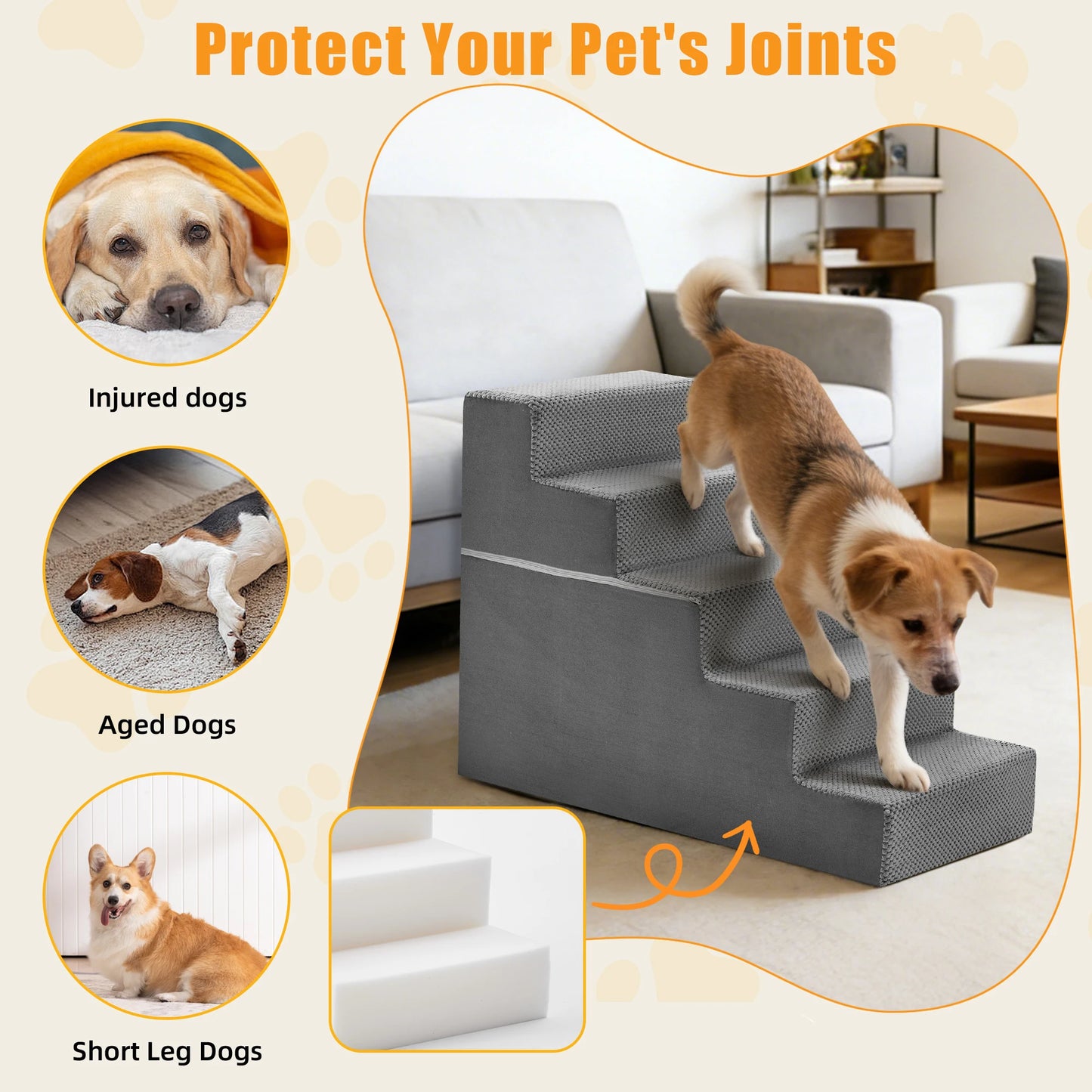 JHK Foam Dog Stairs 3-5 Step Right Angled Indoor Non Slip Ramp