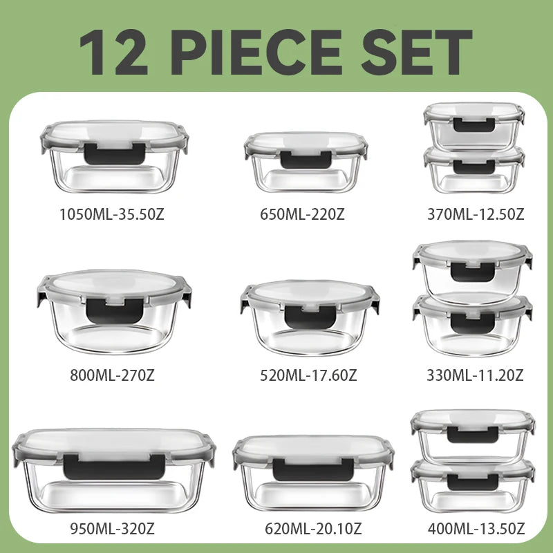 12 Piece Glass Lunch Box Set Microwave Safe Airtight BPA Free
