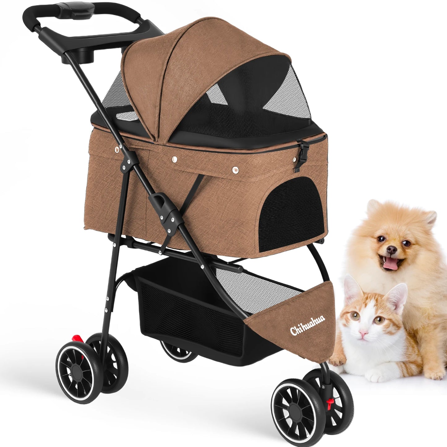 Chihuahua Pet Stroller 3 Wheel Foldable With Breathable Mesh Canopy Cats Dogs