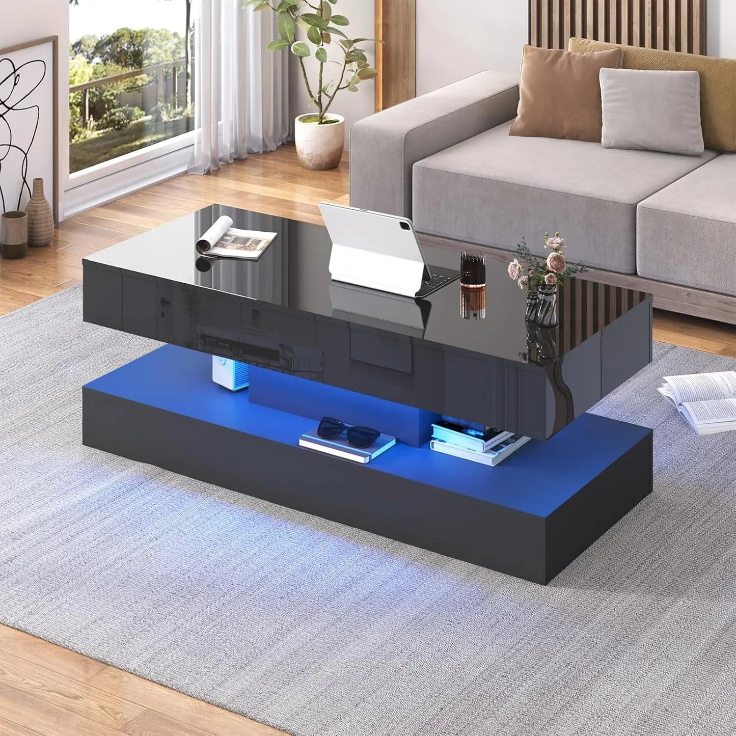 QiaoShiRen LED Coffee Table With Double Layer Storage Drawers