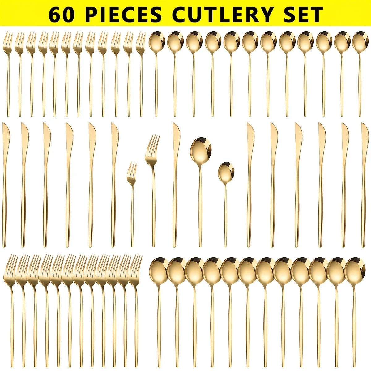 Dinnerware Luxe Golden 60pc Stainless Steel Cutlery Set Dishwasher Safe