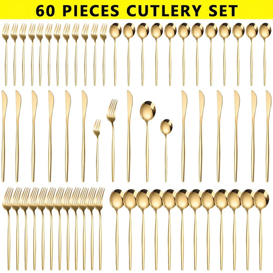 Dinnerware Luxe Golden 60pc Stainless Steel Cutlery Set Dishwasher Safe