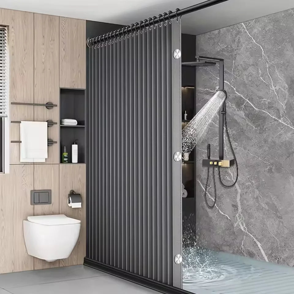 Foldable Magnetic Shower Curtain With 14 Hooks Polyester Privacy