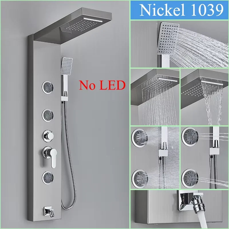 Brushed Stainless Steel Waterfall Shower Panel 5 Function With Massage
