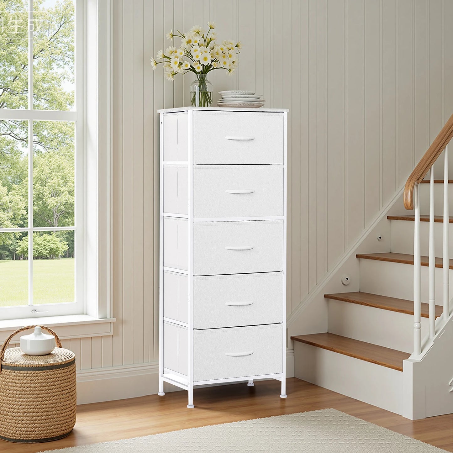 JHK Contemporary Dresser With Fabric Drawers And Steel Frame