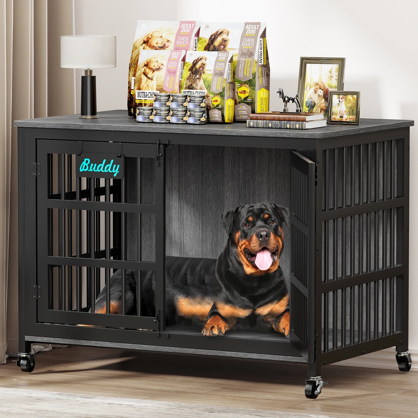 Dog Crate Furniture With Casters Indoor Kennel For Large Dogs