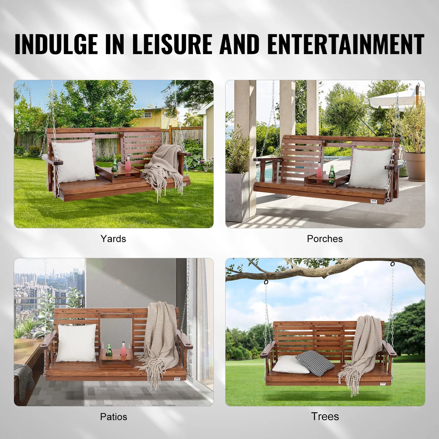 SucceBuy Wooden Porch Swing For Outdoor Patio Garden