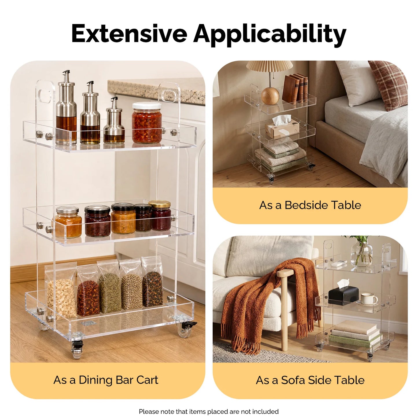 Bymaocar 3-Tier Clear Acrylic Rolling Cart With Brakes