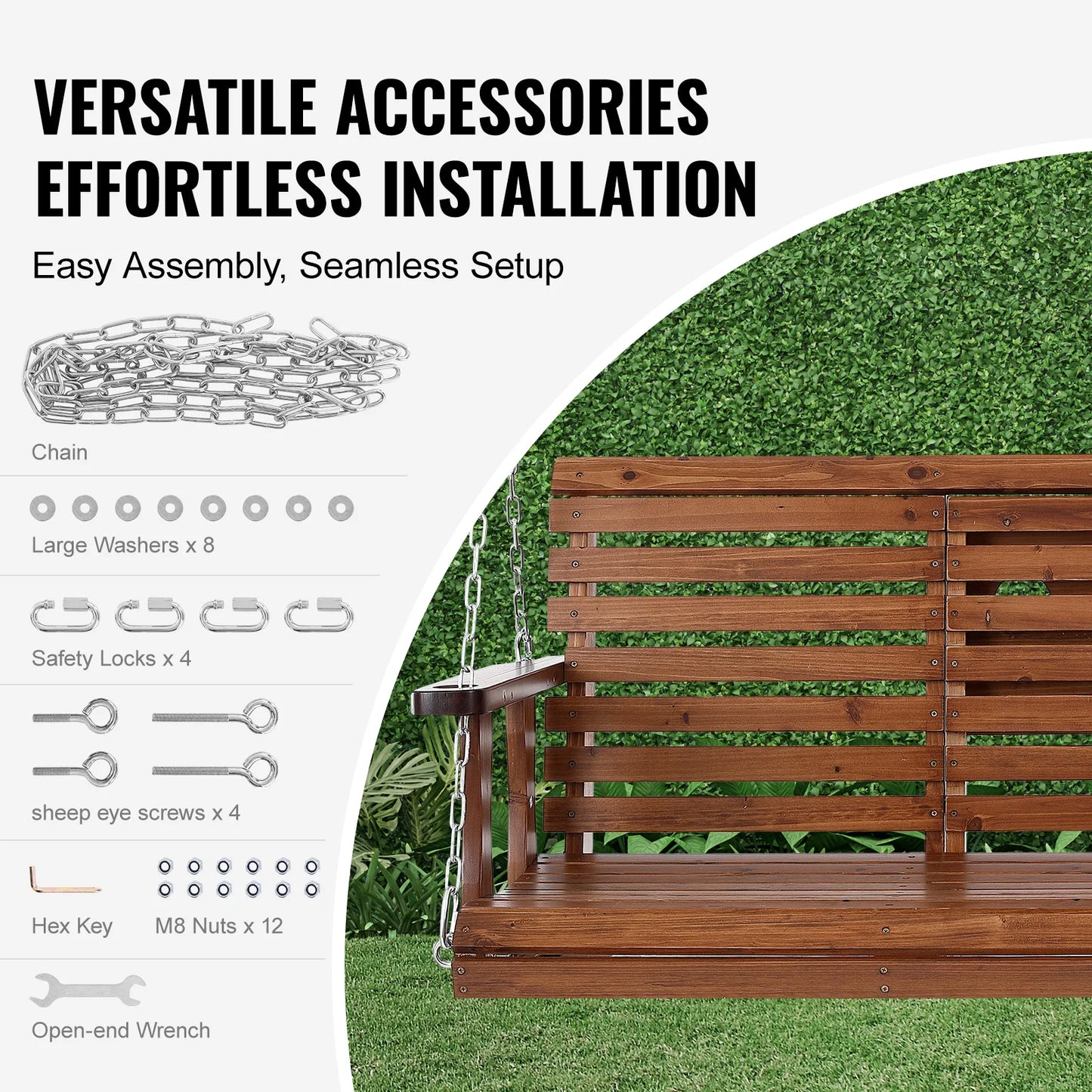 SucceBuy Wooden Porch Swing For Outdoor Patio Garden
